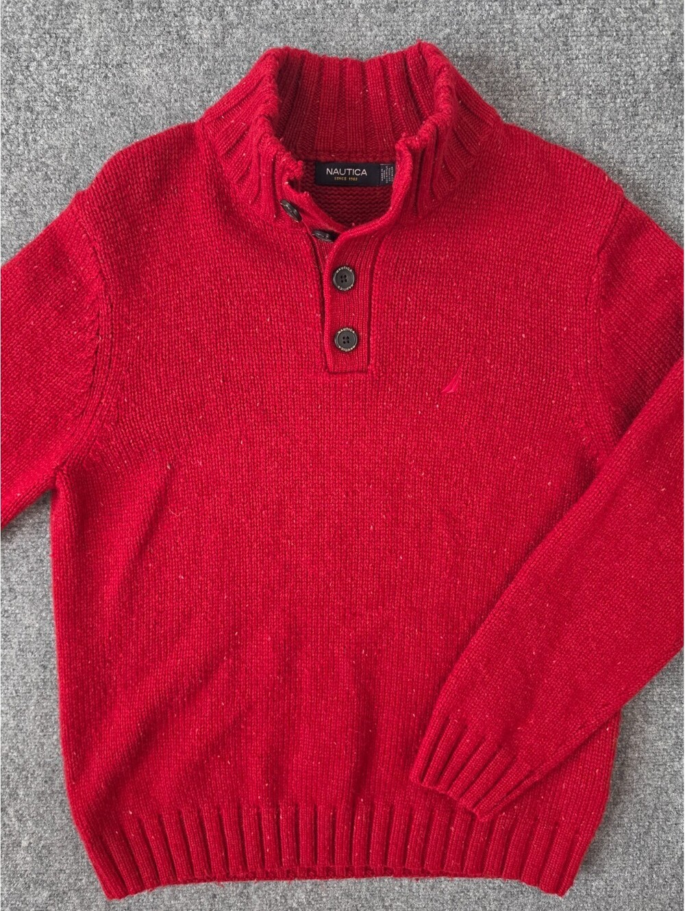 Nautica Sweater Mens L Red Wool Blend Mock Neck 3 Button Pullover Sailboat